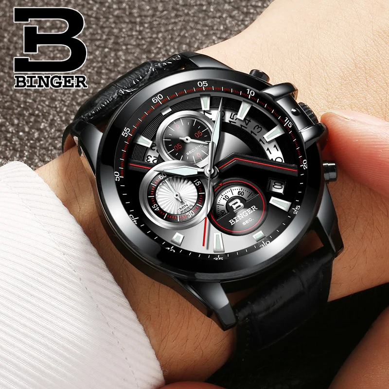 

BINGER Military Sport Watch Men Top Brand Luxury Leather Army Quartz Watches Clock Men Creative Chronograph Relogio Masculino