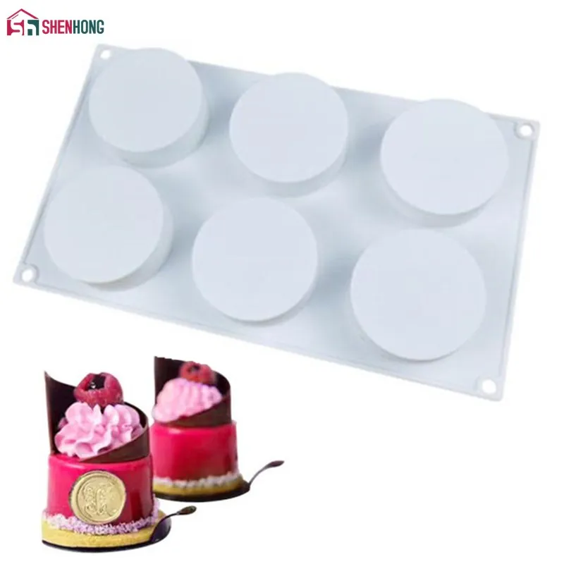 

SHENHONG 6 Holes Flat Cylinder Silicone Cake Decorating Mold For Baking Mould Dessert Mousse Pan Bakewar bakvormen Baking Tools