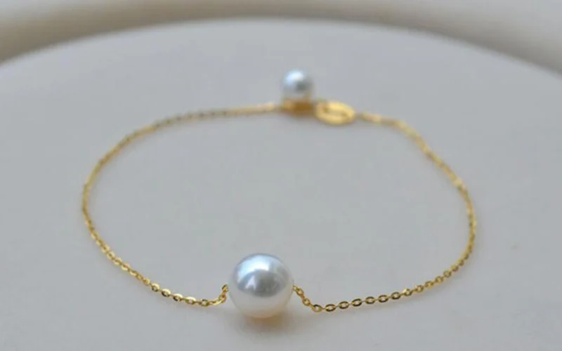 Sinya 18k gold Chain bracelets with 7.5-8mm natural round pearls for women girls Mum lover length 15.5cm to 18cm optional  (10)