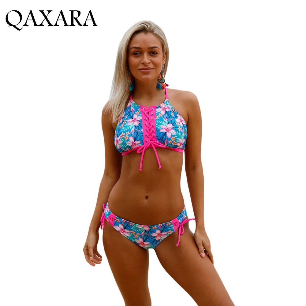 Blue Floral Rosy Trim Fishnet Mesh Patchwork Black White Lace Up Front Design Tankini Crisscross Back Self-tie Of The Top Comfy |
