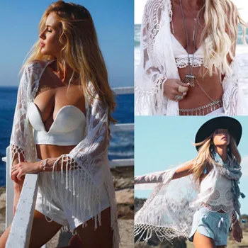 

Sexy Women Lace Floral Tassels Stitching Beach Cardigan Bikini Cover Up Wrap White Beachwear Long Kimono Blouse