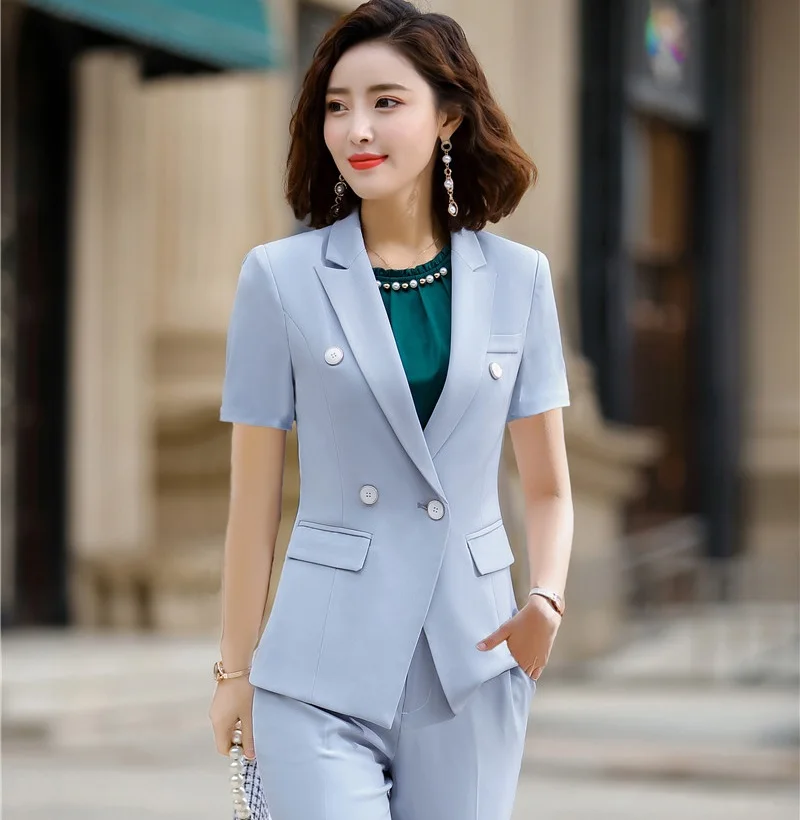 Летний офисный женский голубой Блейзер женские куртки с коротким рукавом Женская рабочая одежда Одежда Офисный униформенный стиль