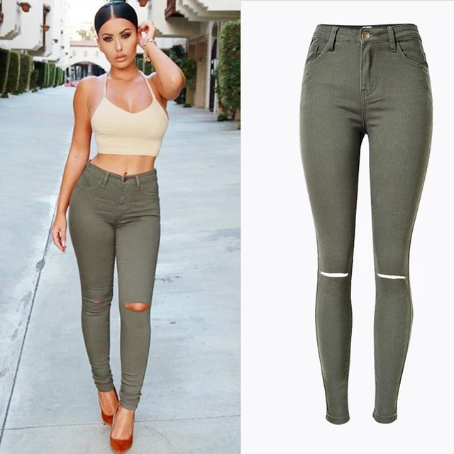 Fashion Street Style Women Skinny Denim Pants Jeans Army Green High Waist Stretch Jeans Trousers