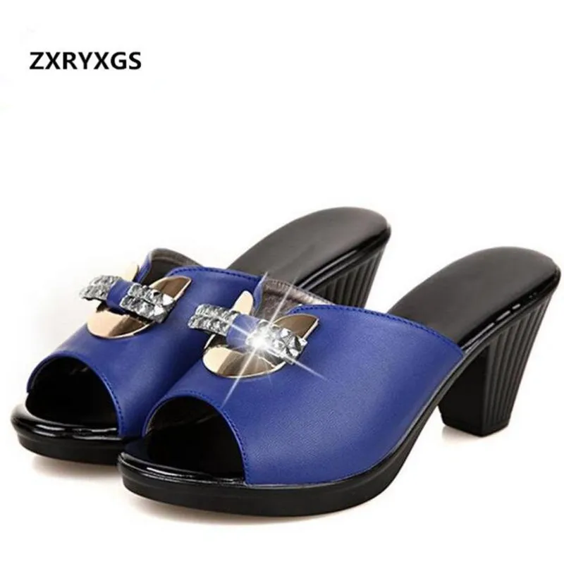 

ZXRYXGS brand sandals slippers Rhinestone women shoes new mom genuine leather sandals fashion slippers thick with women sandals