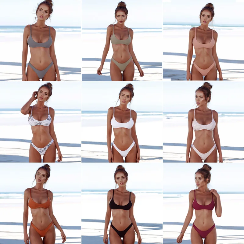

2019 New Summer Women Solid Bikini Set Push-up Bra Swimsuit Swimwear Triangle Bather Suit Swimming Suit Bikini Biquini Brazilian