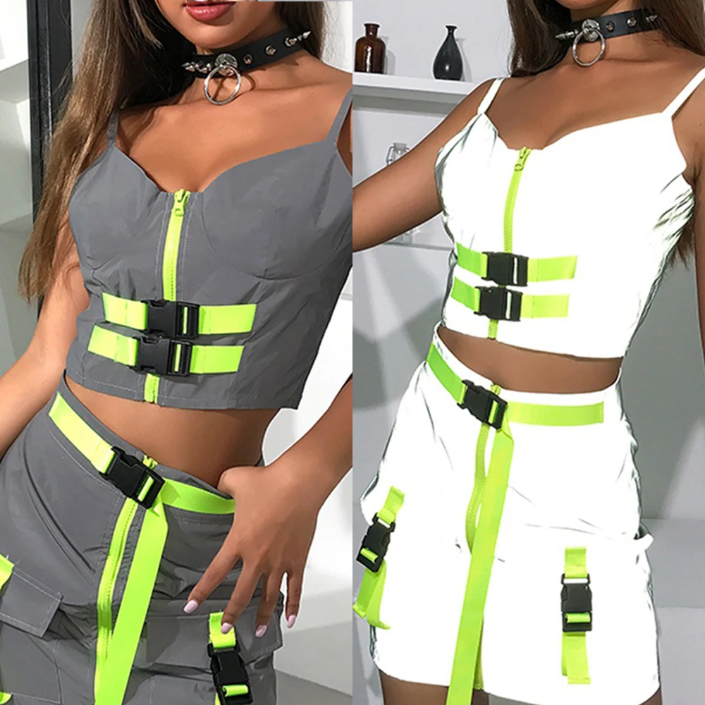 

Sexy Women 2PCS Camis Bodycon Reflective Zip Crop Top Skirt Clubwear Dress Party Women Clothes Top Skirt Saperate