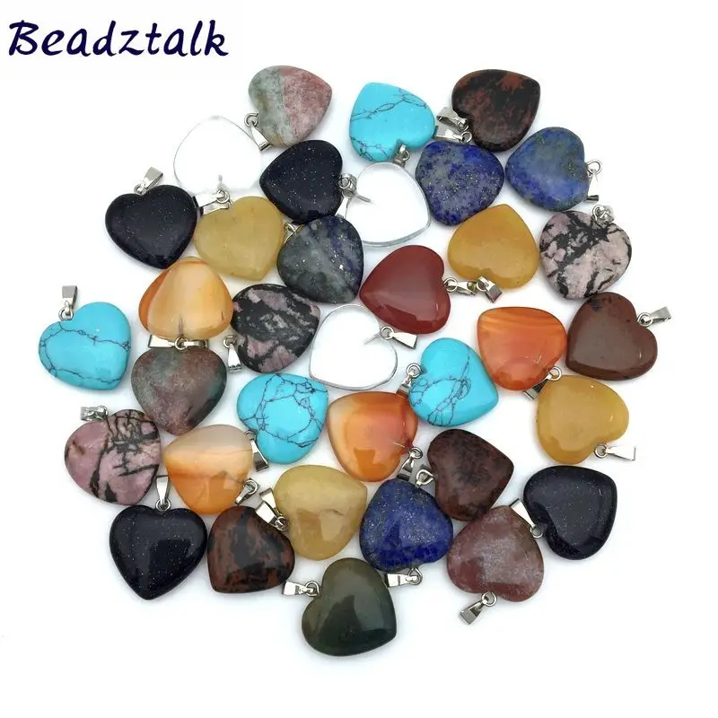 

50 pcs a lot Colorful Stone Beads 20 mm Heart Charm Earring Pendants For Choker Jewelry Opal Carnelian Onyx Lapis Jaspers etc