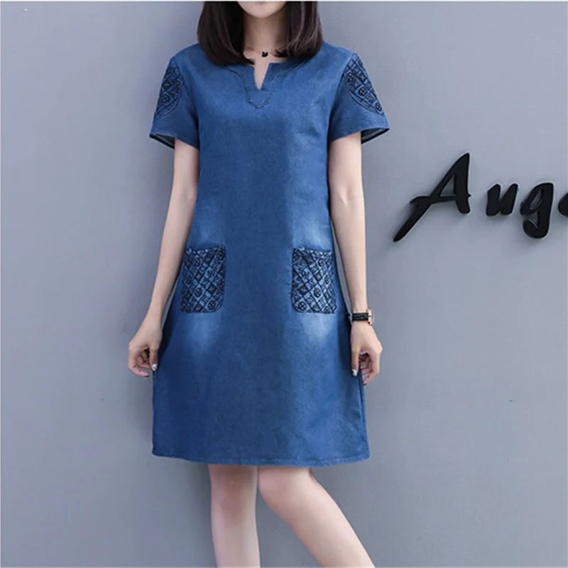 New Heat sell Short sleeve Denim Dress Women 2019 Summer Plus size 5XL Embroidery Jeans Dresses V-neck Thin Denim Dresses A2695