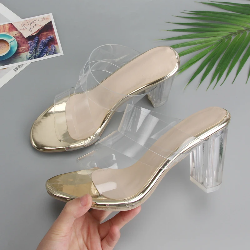 Meotina/Женская обувь; летние шлепанцы; прозрачные вечерние туфли на высоком массивном каблуке; модные шлепанцы с открытым носком; женские босоножки; цвет золотой; Размеры 4-12