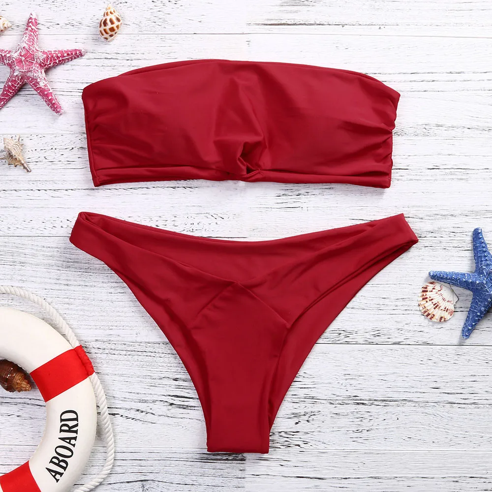 

2019 Off Top Bikini Set Low Waist Strapless Swimsuit Solid Summer Mujer Swim Bathing Suits Swimwear Trajes De Bano Mujer