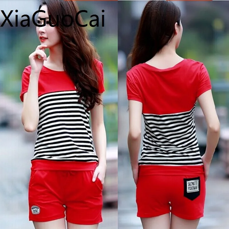 Fashion 2018 Summer Woman's Clothing Sets Cotton Female T shirts and