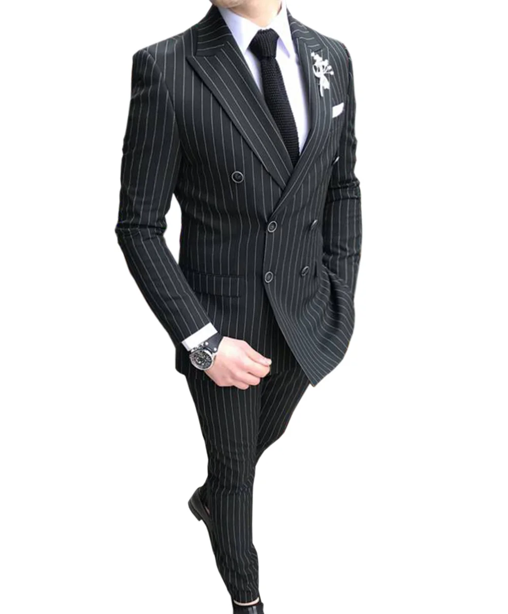 Mens Striped Blazer Suits 2 Piece Formal Slim Fit Double-Breasted Groomsmen Tuxedos for Weddding Suits for Men (Blazer+Pant)