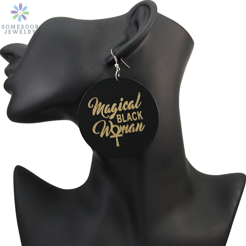 

SOMESOOR 6cm Round Carved African Wood Dangle Earrings Magical Black Ankh Woman Handmade AFRO Ethnic Jewelry For Women Gift