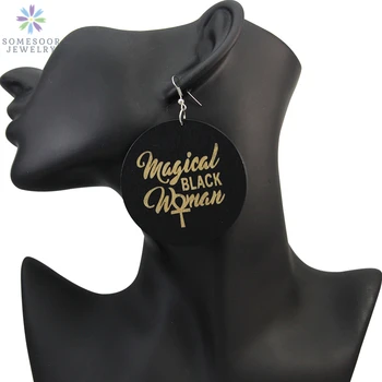 

SOMESOOR 6cm Round Carved African Wood Dangle Earrings Magical Black Ankh Woman Handmade AFRO Ethnic Jewelry For Women Gift