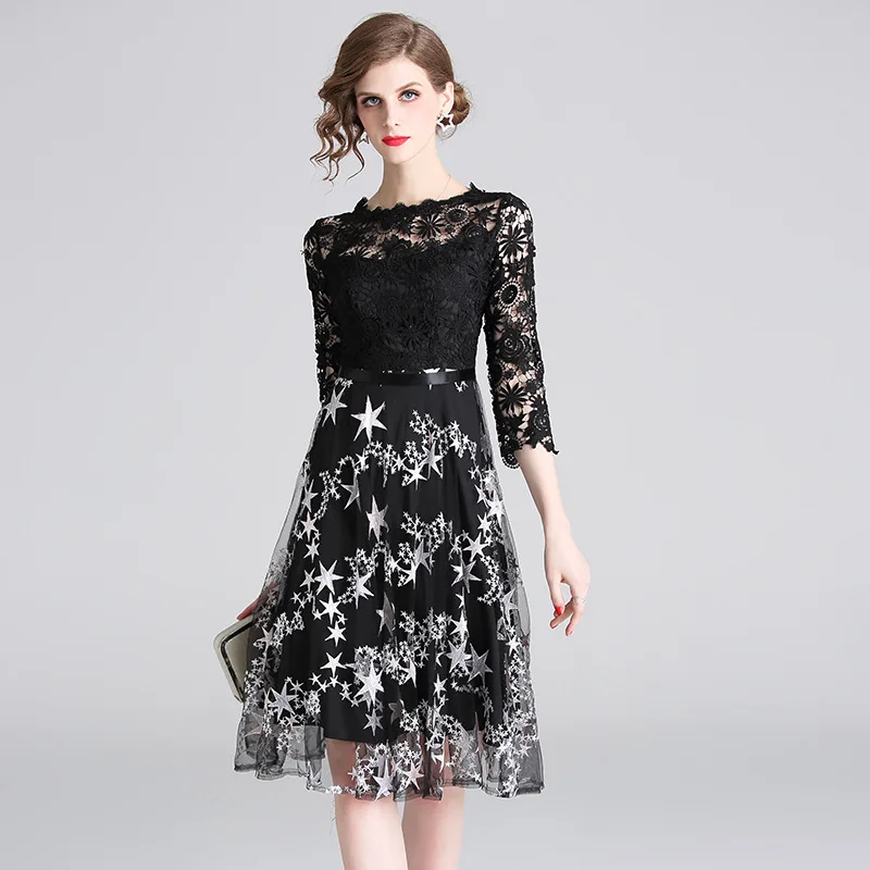 

Elegant Lace Sexy Woman Dress Long Dresses 2019 Spring Fashion Women Embroidered Mesh Water Soluble Stitching Large Swing Dress