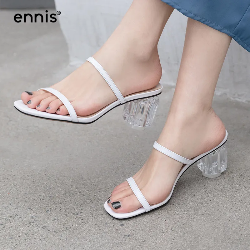 

Women Transparent Heel Sandals Slipper High Heels Summer Genuine Leather Gladiator Slipper Shoes Black White Casual Shoes M939