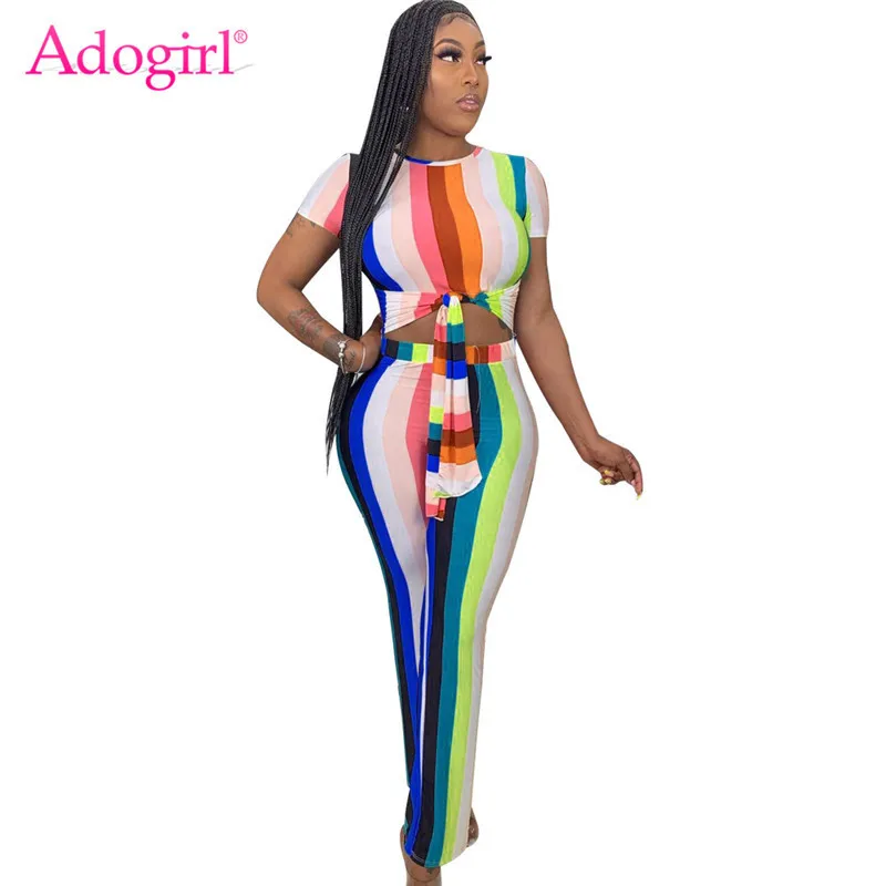 

Adogirl Colorful Stripe Casual Two Piece Set Front Tie Short Sleeve Women T Shirt Crop Top Straight Pants Fashion Female Outfits