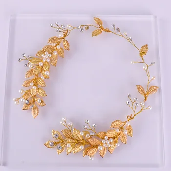 

FORSEVEN Gold Leaf Pearl Beads Crystal Headband Tiaras Handmade Bridal Hair Jewelry Headpiece Wedding Bride Hair Accessories JL