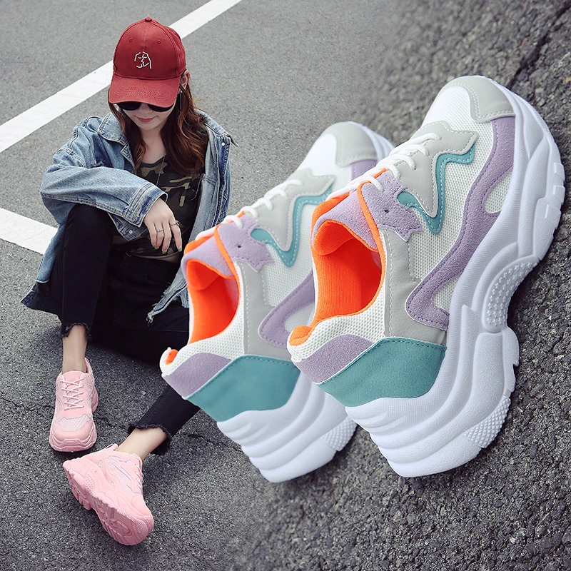 

New 2018 Summer casual Women Sneakers Air mesh Breathable shoes Flat platform casual shoes female Trainers white pink size 36-40