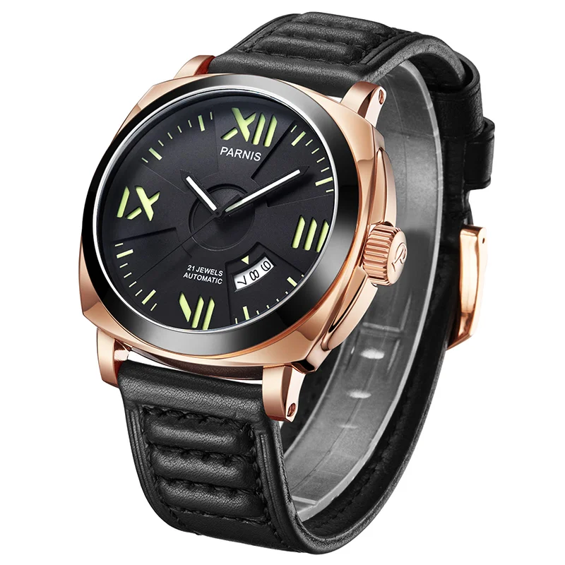  Parnis 44mm Mens Watces Top Brand Luxury Automatic Watch Mechanical Watches Calendar Luminous 100M 