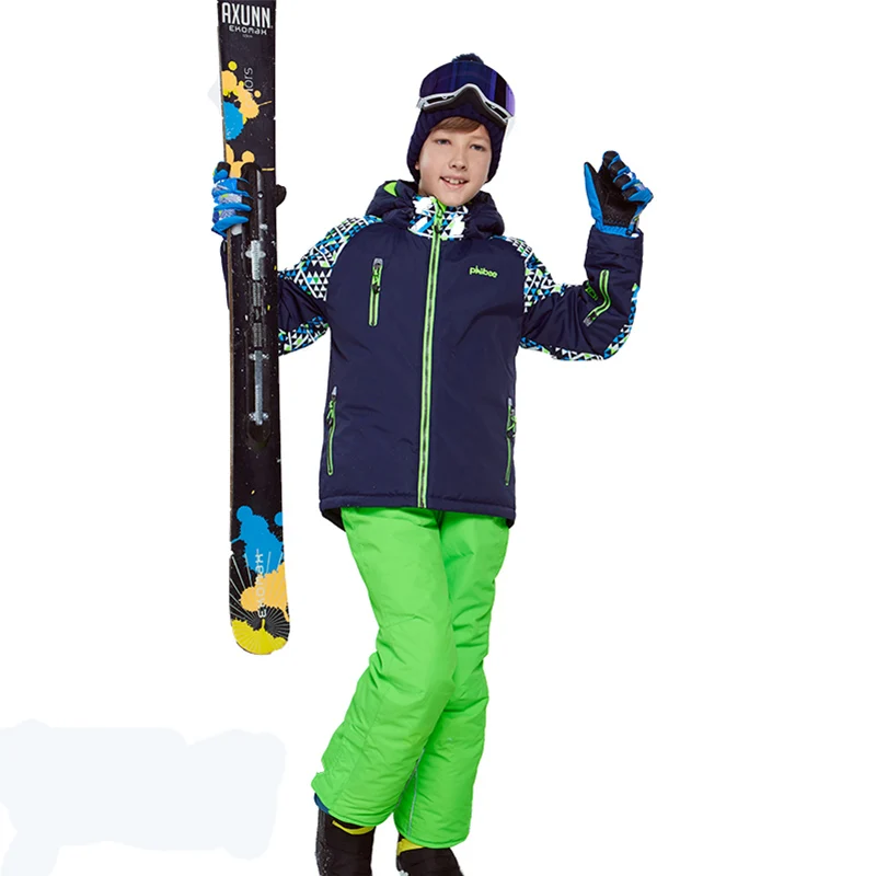 Phibee/зимний лыжный костюм для мальчиков; теплая водонепроницаемая ветрозащитная одежда для сноуборда; зимняя куртка; детская одежда; одежда для детей - Цвет: Green