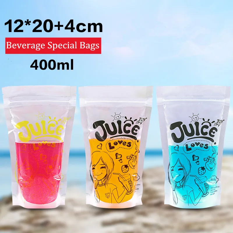 

Graphic Print Transparent Beverage Ziploc Bag, Plastic beverage juice mocktail cordial tea bubbletea bag 12cm*20cm 300-400ml