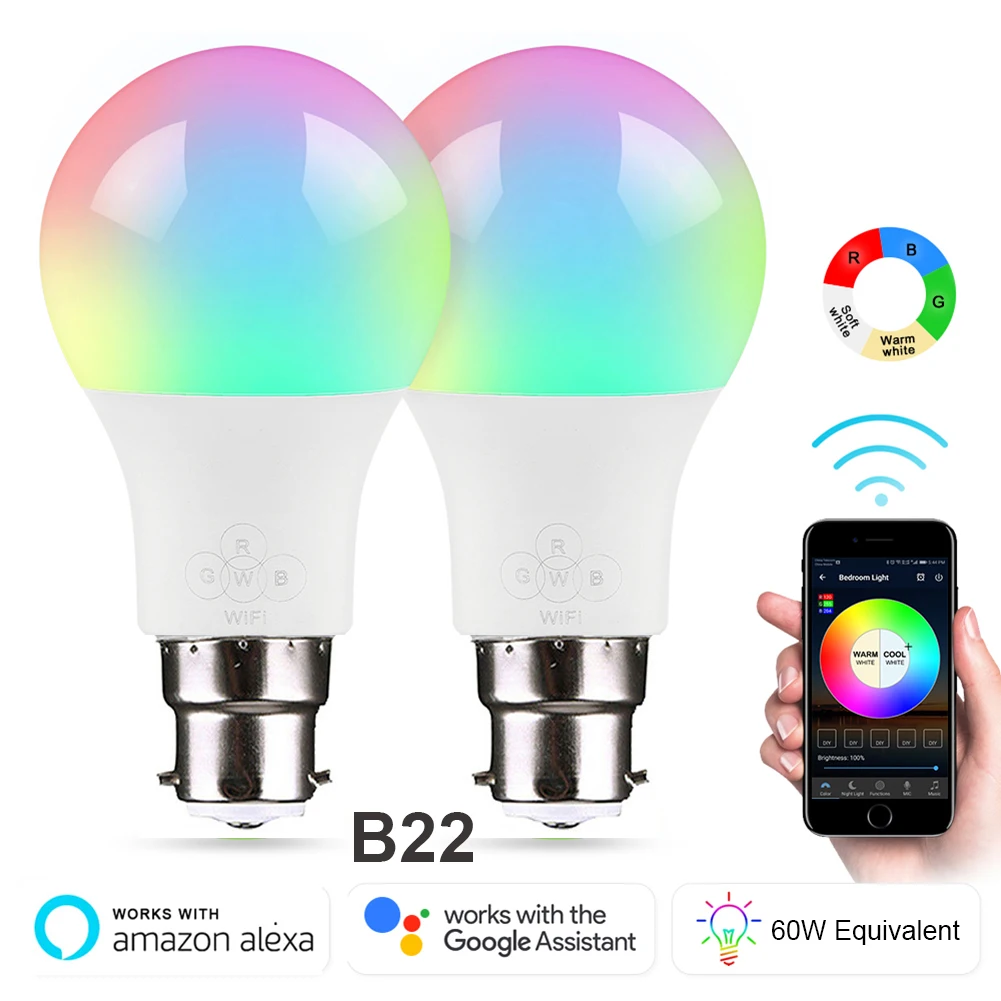 

B22 6.5WRGB Smart Wifi Light Bulb Multi Color Lamp Compatible with Alexa Google Home Phone Wake UP Light Timer of APP Magic Home