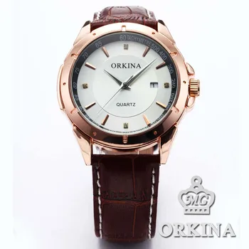 

3 Colors Orkina Brand 2016 New Clock Men Date Display Analog Quartz Leather Watch Cool Horloges Mannen Gift Box Zegarki Meskie
