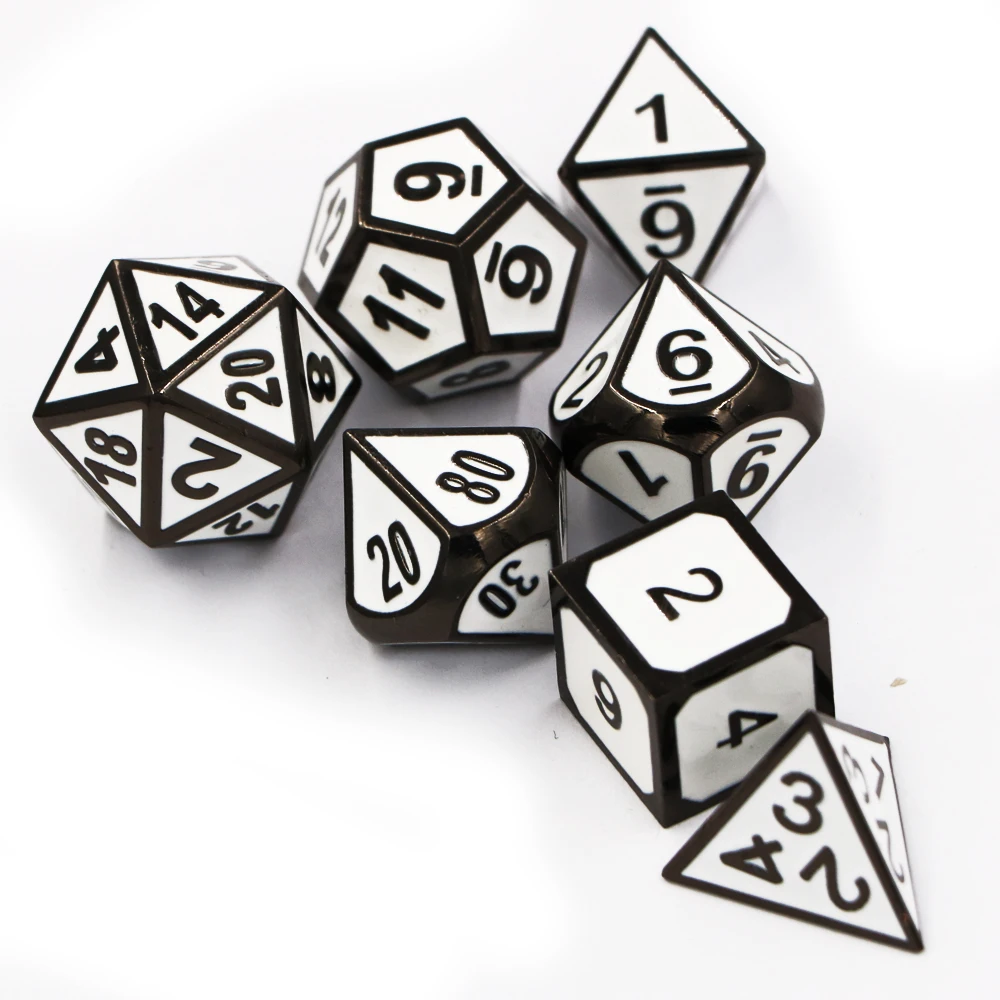 New 7pcs/set Classic RPG Dice D&D Metal Dice Enamel Black White Digital