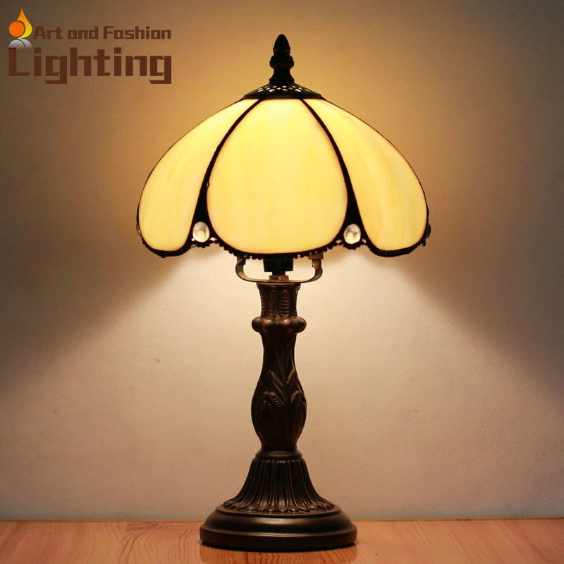 Vintage Tiffany Table Lamp Umbrella Shape Yellow Stained Glass Lampshde European Bedside Table Lights(China