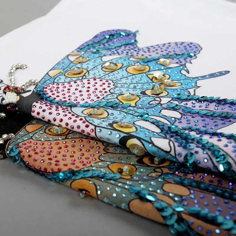 

Fashion T shirt Women Cotton Tees Top 2018 Summer Vintage Beading Diamond Sequins Butterfly T shirt Women Plus Size CS612