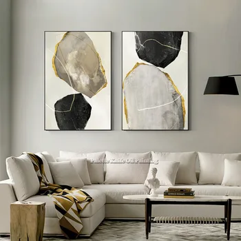 

2 Pieces Golden Gray Stone Acrylic Abstract Paintings Wall Art Print on Canvas Cuadros Decoracion for Living Room Wall Decor