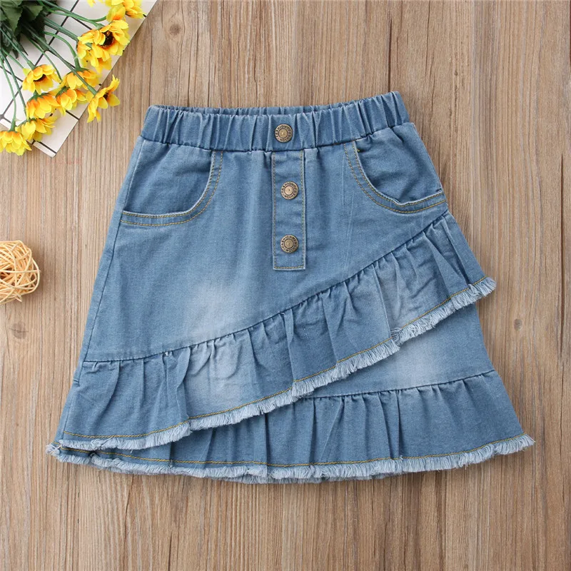 Summer Blue Denim Mini Ruffle Tassel High Waist Jeans Skirt Girl 1 6T