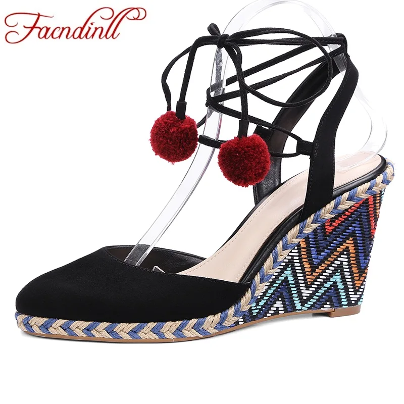 

FACNDINLL 2018 new fashion summer gladiator sandals wedges high heels genuine leather lace-up women dress party punk sandals