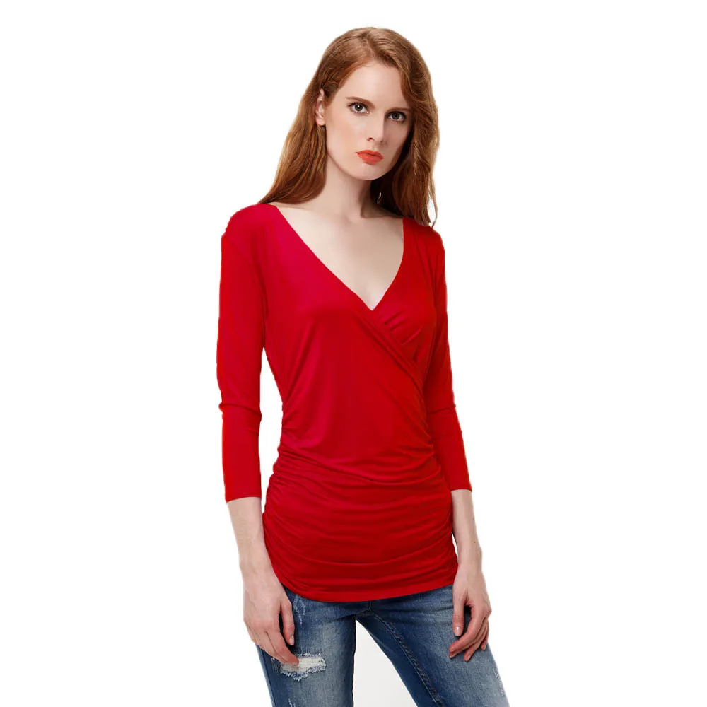 Wrap 3/4 Sleeve Elegant Ruched Bodycon Ladies T Shirts Ladies Tops V