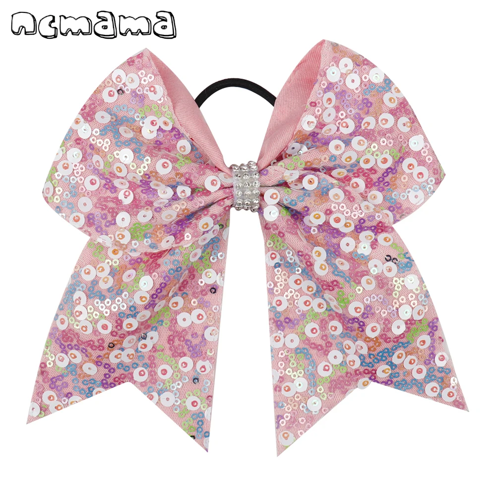 8/" Girl Cheerleading Hair Bows Bling Silver Sequin Plaid Cheer Bow Elastic Bands