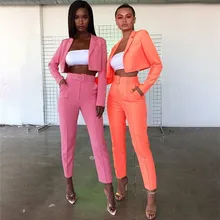 Causey Casual Women Suits Office Sets Fluorescence Neon Green Suit Women 2019 Crop Top And Pant Suits For Women Blazer Set
