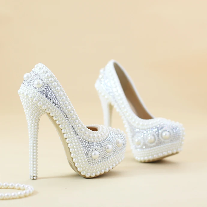 forme Pompes Bout Rond Bridesmaide 11cm Main heel Mariage Femmes Avec La Blanc Super Cristal Plate Partie Perle heel 8cm Chaussures Pour Talon 14cm Heel Haute Banquet De À 8wwT1q0