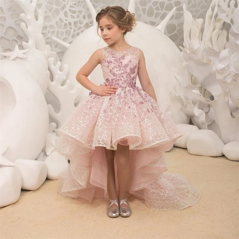 

Hi Lo/кружевные платья с цветочным узором для девочек 2019 бальное платье с рюшами без рукавов, расшитое блестками, платья с аппликацией для дня рождения, свадьбы, торжественная одежда для детей