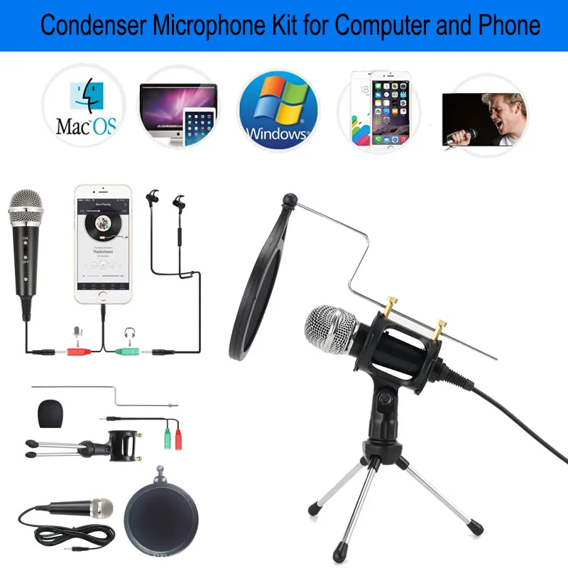 

3.5mm Condenser Microphone Kit With Filter Suitable For Computer and Phone With Folding Tripod Stand