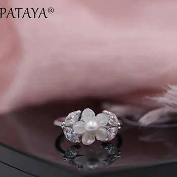 

PATAYA New Limited Unique Women Wedding Party Jewelry True White Gold Flower Shape Shell Pearls Natural Zirconia Exquisite Rings