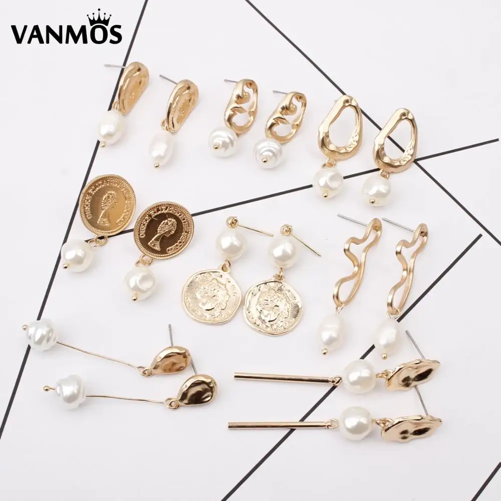 

Vanmos New Fashion Irregular Imitation Pearls Drop Earrings Gold Color Alloy Earring Korea Design Geometric Drop Earring Jewelry