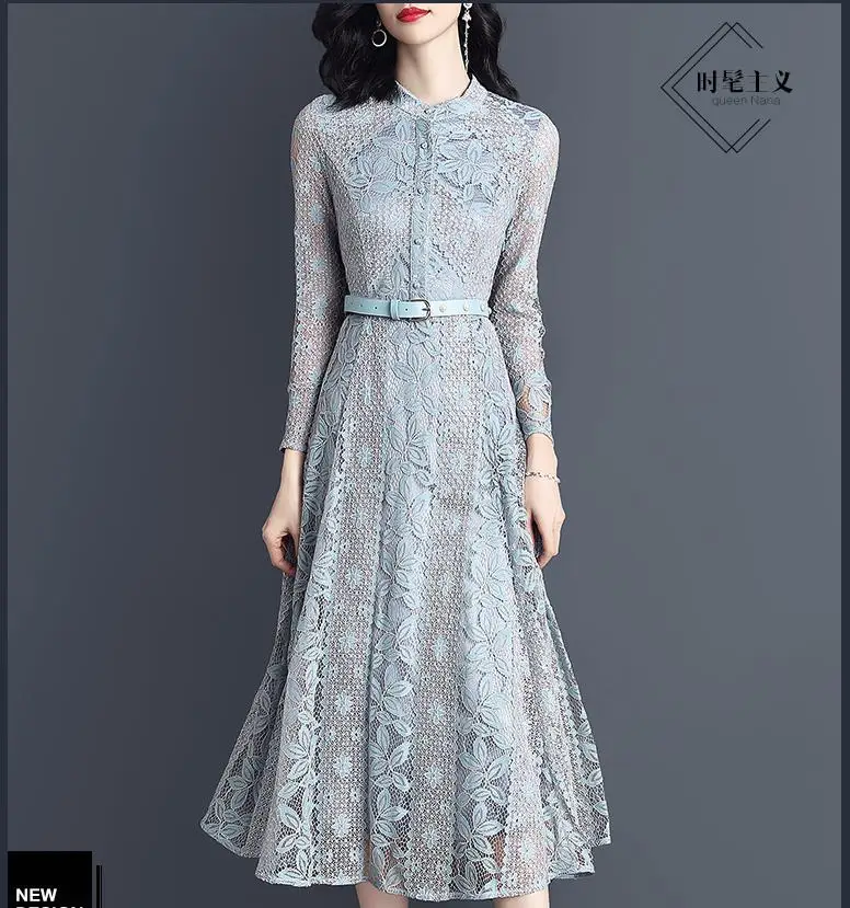 

2019 spring dress new high-waisted MIDI dress temperament lady lace dress
