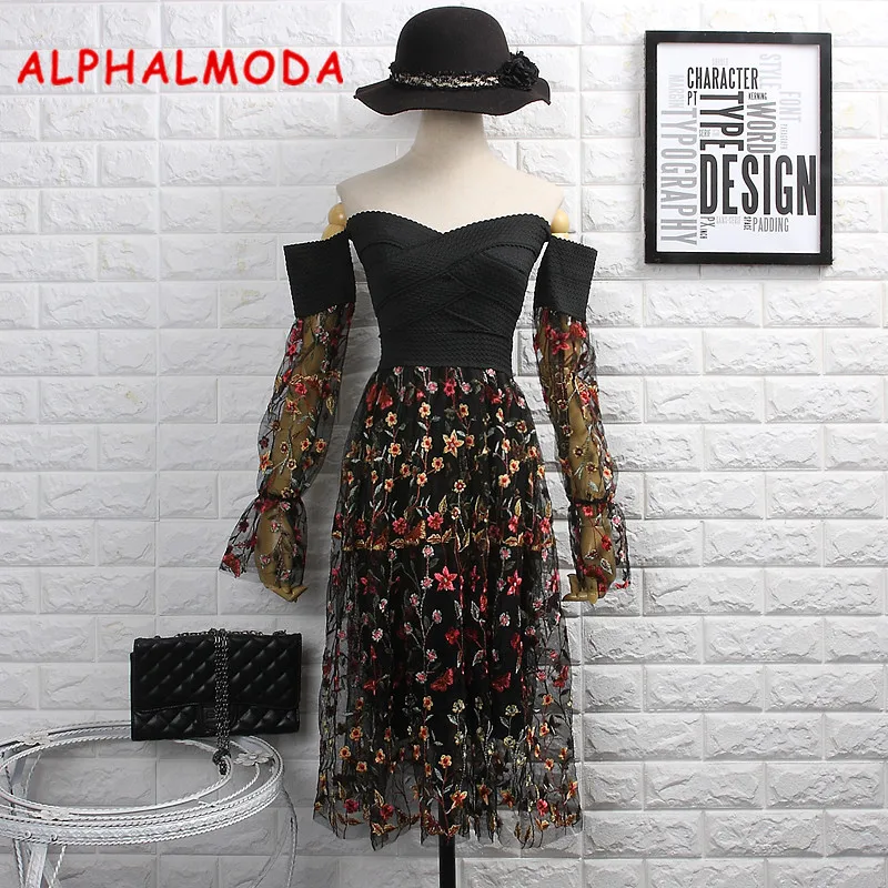 

ALPHALMODA New Sexy Beautiful Strapless Bandage Lace Dress Women Lantern Long-sleeved Slim Fit Embroidered Party Vestido