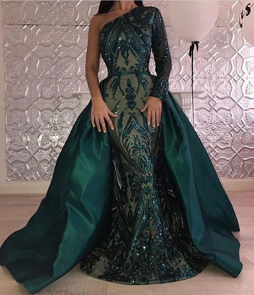 Emerald Green Mermaid Evening Dress Long Sleeve Detachable Train Muslim Prom Dresses 2019 Arabia Glitter Formal Party Gowns