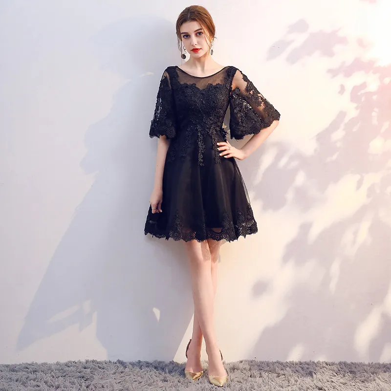 Robe de soiree, черные кружевные модные короткие вечерние платья с открытой спиной, пышные рукава, vestido de festa, платья для выпускного вечера, Платья для вечеринок - Цвет: Black