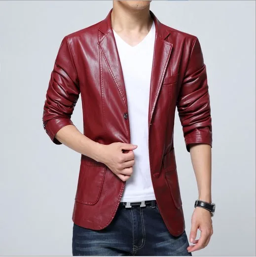 Мужской красный, белый, черный, коричневый, хаки кожаный пиджак для мужчин Slim Fit PU кожаный пиджак Повседневный деловой пиджак мужской плюс размер 5XL 6XL - Цвет: Красный