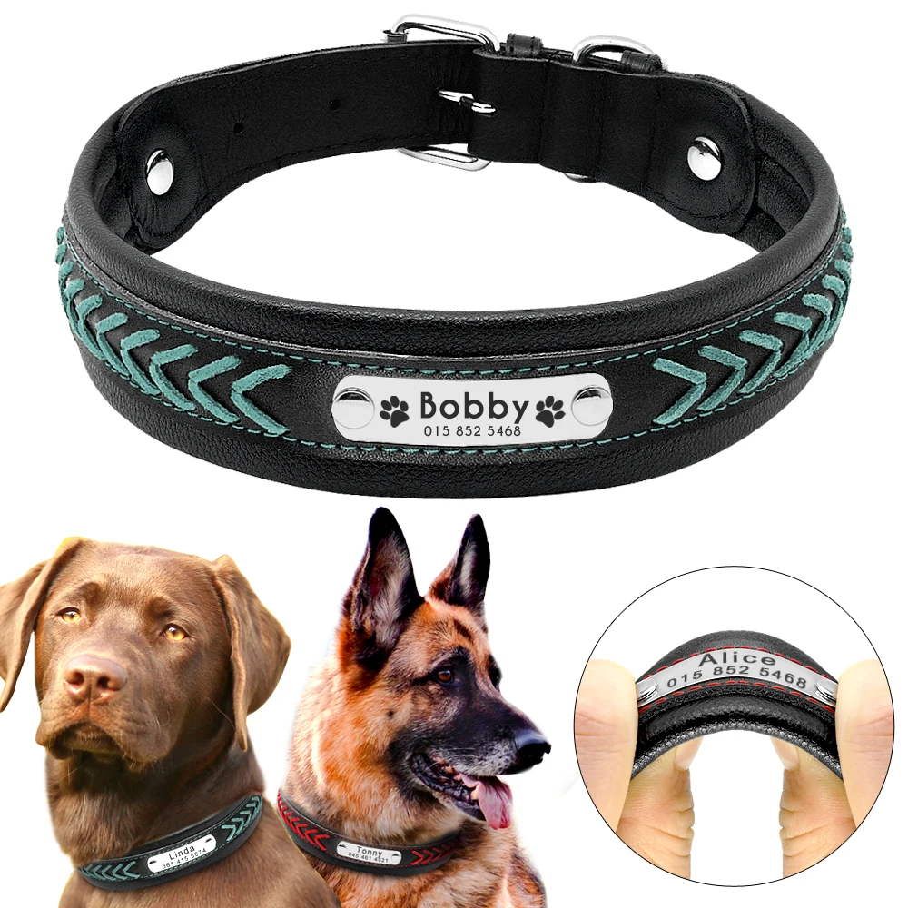 Dog Collar Personalized Leather Dog Collars Name ID Tag For Medium