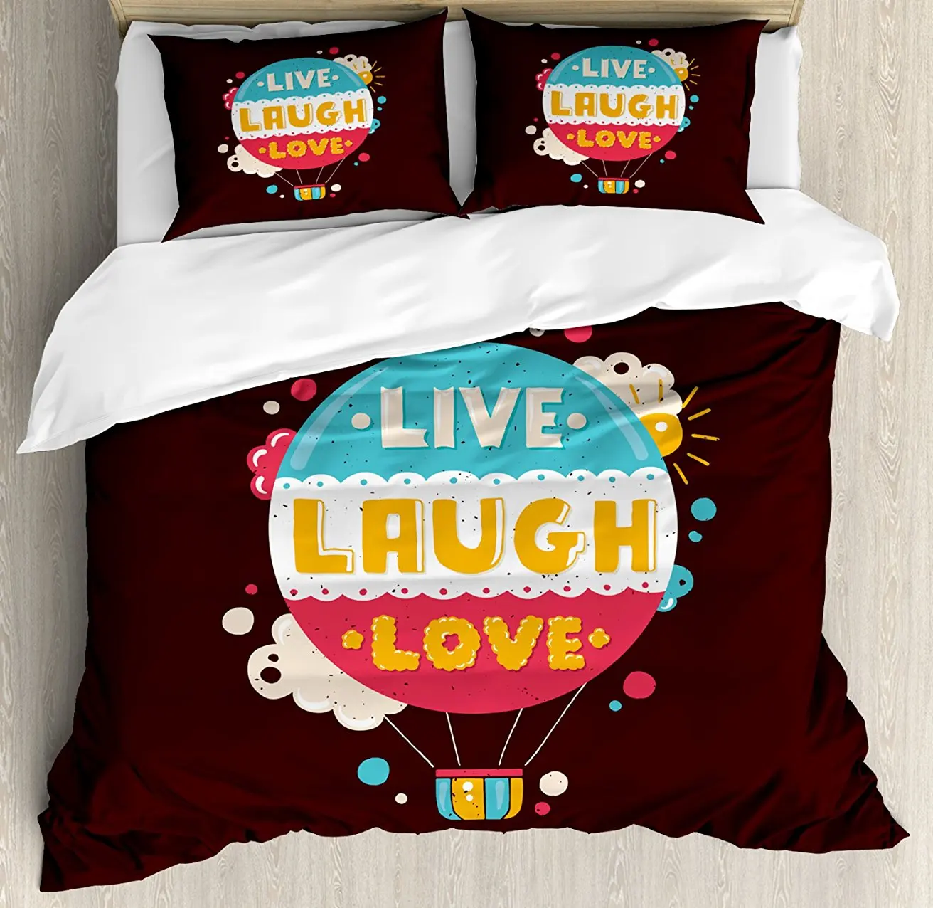 Love Duvet Cover Set Colorful Hipster Hot Air Balloon with Live Laugh