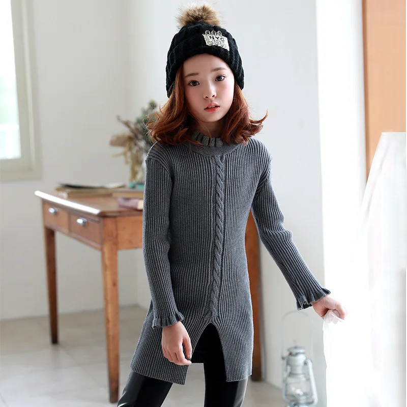 Girls Sweater Dresses Kids 2018 Spring New Dress Teenage Girls Knitted Dress with Long Sleeve Grey Girls Long Sweater 10 12 Year hzirip 2018 new spring winter knitted sweater dress women elegant long sleeve sexy slim turtleneck skinny bodycon twist dresses